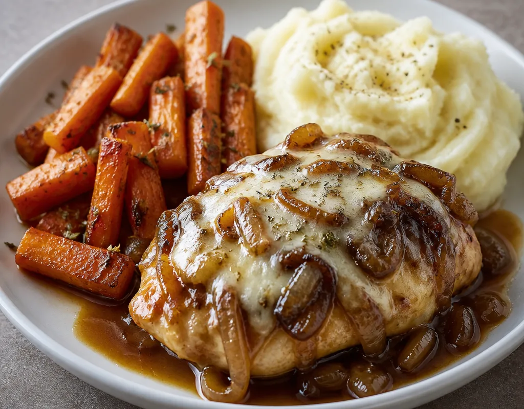 French Onion Chicken with Roasted Carrots & Mashed Potatoes