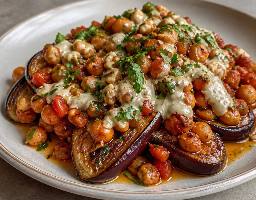 Grilled Aubergines with Spicy Chickpeas and Walnut Sauce
