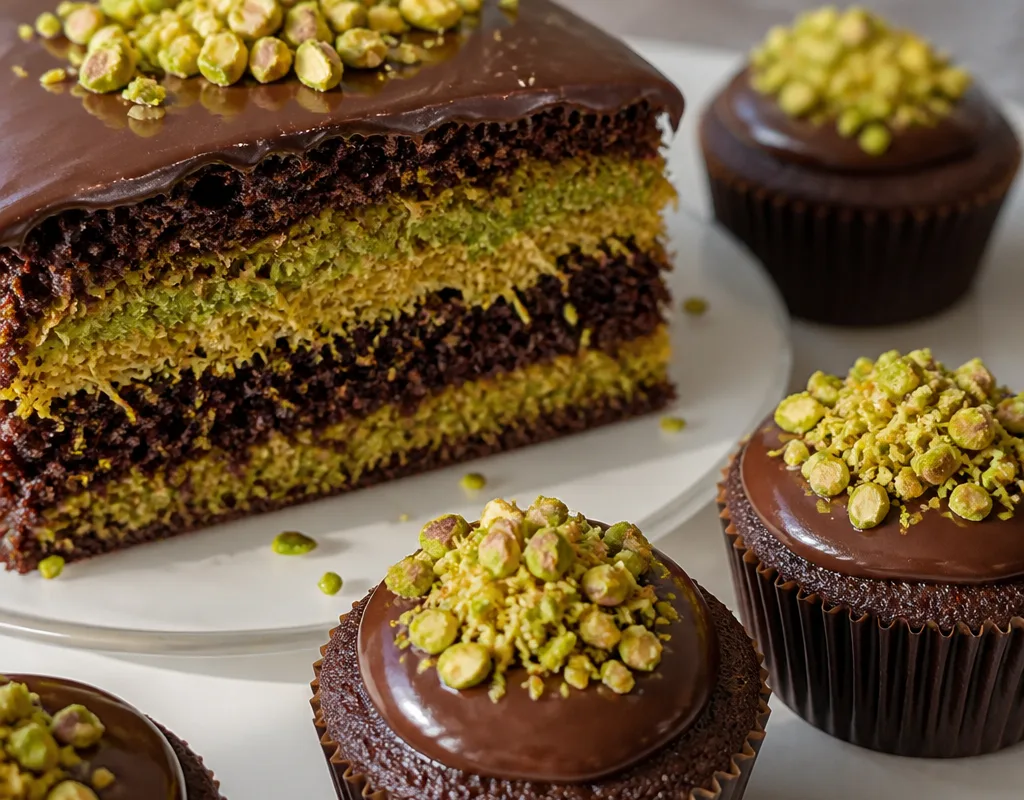 Pistachio Kunafa Chocolate Cake and Cupcakes